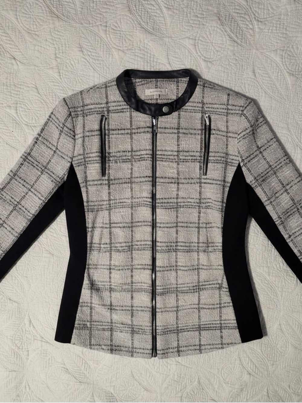Calvin Klein Women Gray Black Plaid Metallic Full Zip Stand Collar Jacket Sz M